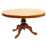 A Victorian mahogany oval breakfast table, the tilt top with a moulded edge, on a turned column