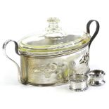 Two silver napkin rings, of plain form, 1oz, and a silver plated two handled tureen with glass