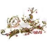 A Capodimonte style six branch chandelier, embellished with flowers, three pairs of similar two