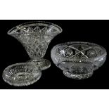 A cut glass vase, of flared form, a bowl and an ashtray. (3)