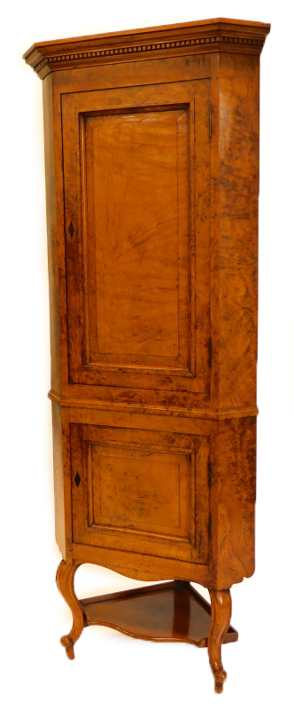 A 19thC oak and burr oak standing corner cabinet, with a moulded and dental cornice above a panelled