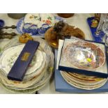 A quantity of 19thC meat plates, a blue and white willow pattern meat plate, various cabinet