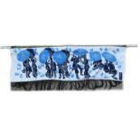 An oriental hanging with stencil type decoration of figures, with parasols in navy and pale blue