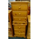 A pair of pine three drawer bedside chests, each on bracket feet, 46cm wide.
