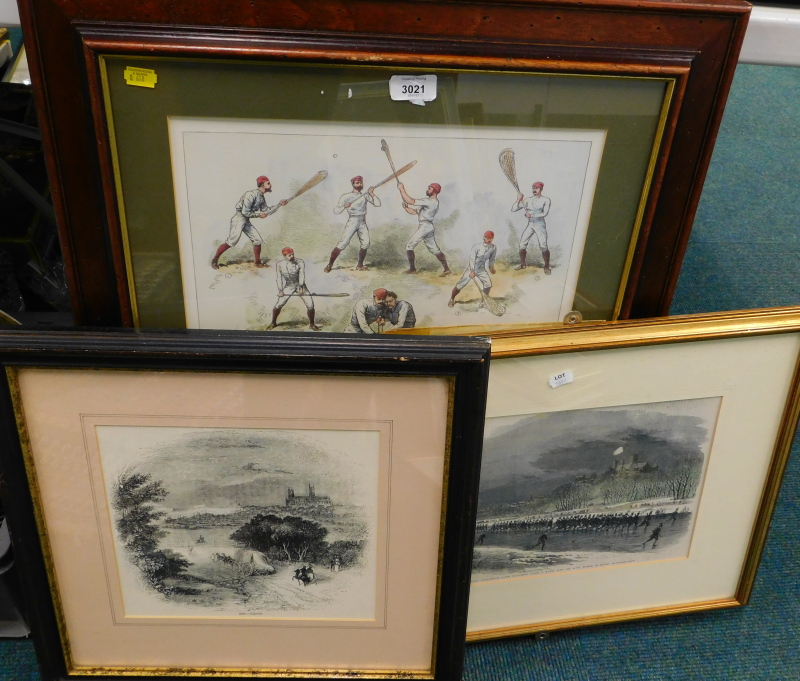 The Game of Lacrosse, coloured print and various prints of Lincoln, and a signed RAF Coningsby
