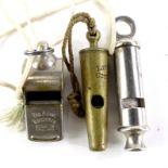 A brass Liverpool City police whistle, an Acme Thunderer whistle, and a Metropolitan whistle. (3)