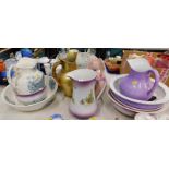 Various wash jugs and bowls, to include a lilac wash jug and bowl, chamber pot, gilt finish wash jug