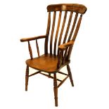 A 19thC beech and elm lath back open armchair, with a H stretcher, stamped to the reverse F.H.