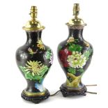 Two similar oriental cloisonne vases, each decorated with flowers, leaves, etc., converted to lamp