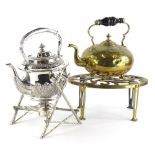 A silver plated spirit kettle, with part fluted body, the stand decorated with stylised branches,