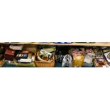 A Singer electric sewing machine, various cassette tapes, tins, baskets, kitchen items, a Kenwood