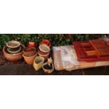 Various plant pots, potting bench, teak garden table, etc., (a quantity).