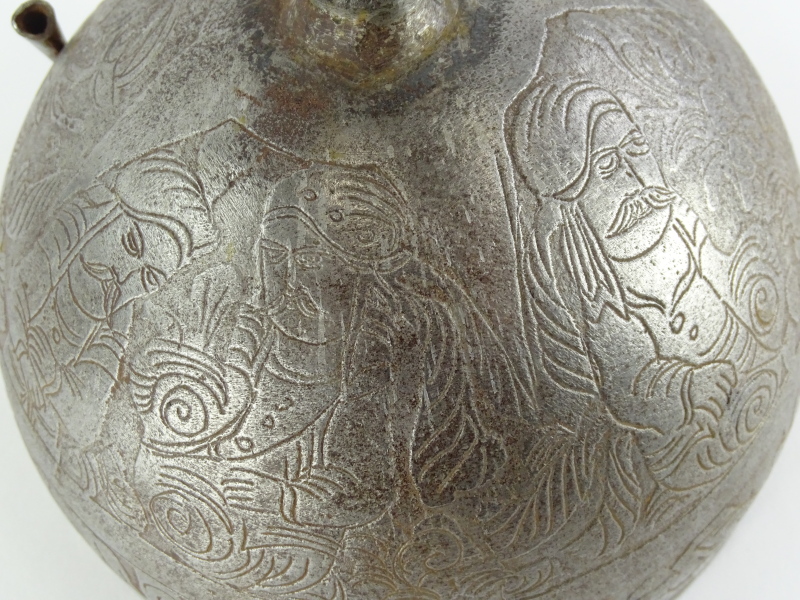 A late 18th/early 19thC Indo Persian Khula Khud helmet, the bowl or top engraved with figures, - Image 3 of 5