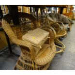 A woven rattan conservatory type chair, and another conservatory chair, a small workbox, a