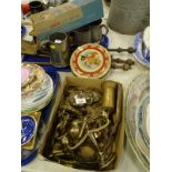 Various pewter tankards, fireside implements, a boxed Tala Queen egg whisk, brass door knocker