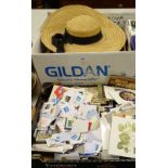 Various postcards, GB used stamps, flatware, ladies straw hat, belts, a Roberts DAB/FM RDS radio,