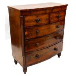An early Victorian figured mahogany bow fronted chest of drawers, the top with a moulded edge