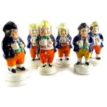 Six 19thC Staffordshire pottery items from a cruet, each depicting Toby with his typical jug,