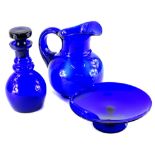 A Bristol blue glass mallet shaped decanter and stopper, 26cm high, a Bristol blue glass comport