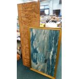 A framed machine woven tapestry, various prints to include a seascape after Henry Coll.