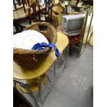 A collection of furniture, to include a wicker basket, candelabra, small modern kitchen table with