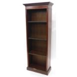 An Edwardian style mahogany and inlaid open bookcase, the top with a moulded and dental cornice,