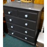 A grey painted pine chest of two short and three long drawers, with differing ceramic handles, on