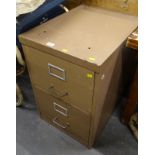 A brown painted two drawer metal filing cabinet.
