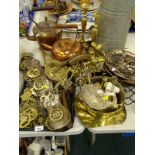 Various horses brasses, brass fire bellows, copper kettle, brass candlesticks, brass jam pan,