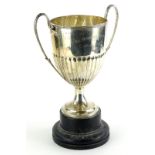 A late Victorian silver two handled trophy cup, with part fluted decoration and tapering foot,