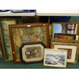 Miscellaneous pictures and prints, to include a machine woven tapestry, various floral items,