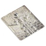A continental white metal small plaque, decorated with two Pierrot type figures, stamped to the