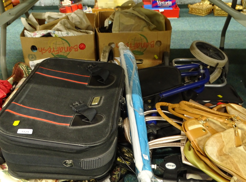 Various ladies handbags, suitcase, other travelling cases, mobility aids, etc. (a quantity)