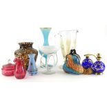 A collection of art glass etc., to include a handbag shaped vase, a centrepiece with a white