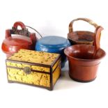 Various oriental food carriers or containers, a box and cover, carved jewellery box, etc.