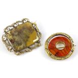 Two stone set brooches, comprising a circular early 20thC agate brooch, with yellow metal frame