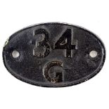 A Finsbury Park loco shed cast iron plaque, numbered 34,G, 18cm wide.