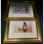 After Luis Ribas. Far Away and Contemplation, coloured prints in gilt frames.