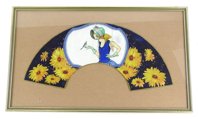 An Art Deco painted fan leaf, decorated in the form of a flapper holding a bird within a