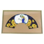 An Art Deco painted fan leaf, decorated in the form of a flapper holding a bird within a