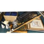 Various pictures, prints, metal shafted golf clubs, commemorative hand bells, mahogany and parcel