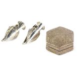 Three items of small white metal, to include a hexagonal pill box with etched scroll design lid,