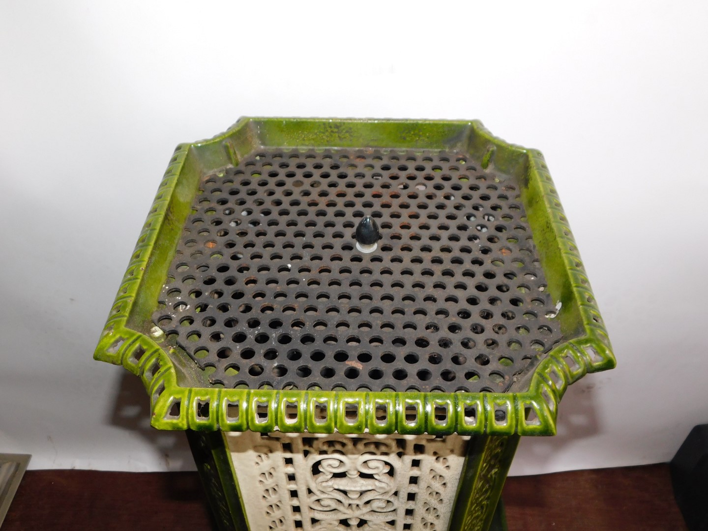 A French early 20thC cast iron and enamel conservatory heater, of canted square form, with pierced - Image 2 of 5