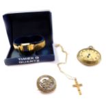 A 9ct gold cross on chain, WWI silver war badge, German Railway Time pocket watch, and a Timex SSQ