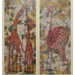 A pair of Batik type pictures, depicting a stylised bird, and a pair of giraffes, against a