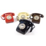 Four British Telecom dial telephones, comprising cream, 8746G DFM 8212., brown, Tele 8746 G., black,