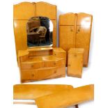 A mid century burr maple and mahogany bedroom suite, comprising lady's double wardrobe, with two