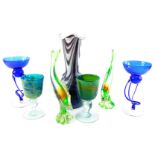 A pair of MDG Maltese green and clear glass fish, 26cm high, a pair of Mdina glass goblets