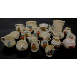 Goss crested china, including a mug and sugar bowl, model of a Cromwellian mortar found at Hythe,