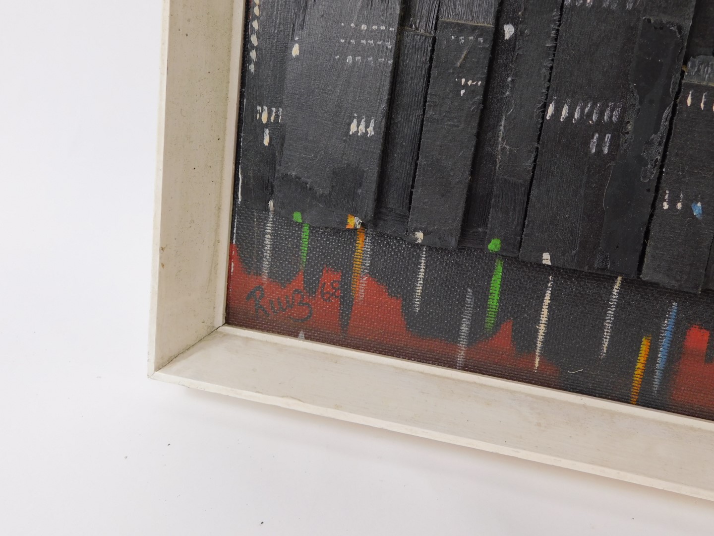 Ruiz (Late 20thC). City skyline at night time, oil and acrylic on 3D wood collage, signed, dated ' - Image 2 of 2